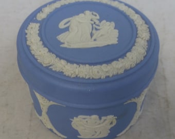 Wedgwood Blue Jasperware & White Bas Relief Round Lidded Trinket / Jewellery Box 2.75 in D - NeoClassical Mythological Scenes - England 1968