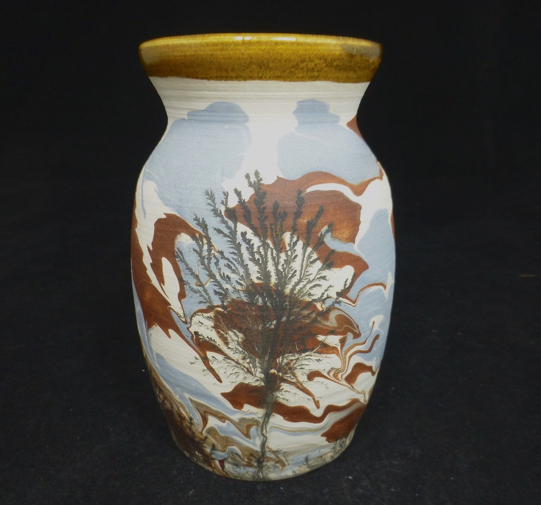 Sevierville Pottery Tennessee Ceramic Vase With Tree and Swirly Blue