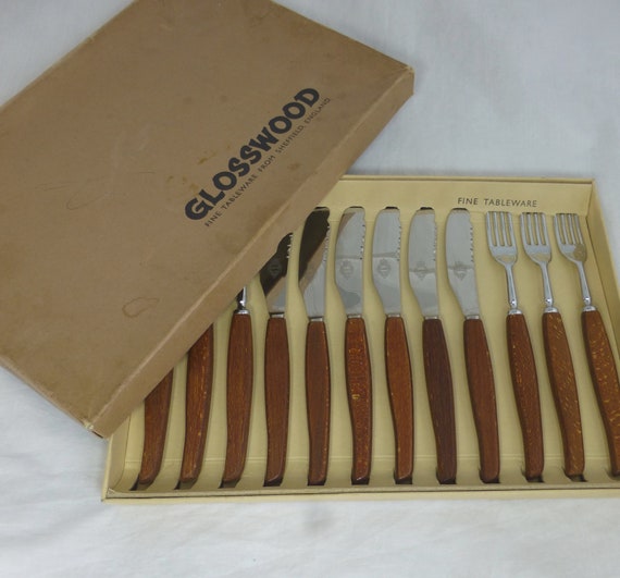 Vintage Glosswood Wood Handle Table Knives & Forks Boxed Set of 12