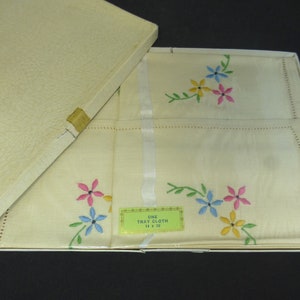 Vintage cream linen Floral Ecru Hand Embroidered Tray Cloth – Boxed in Original Packaging – Finest Handmade Table Linen 14 x 20 in
