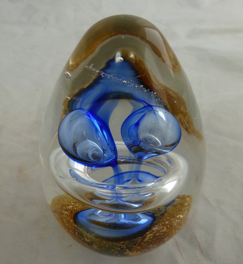 New 5/" Hand Blown Art Glass Paperweight Sculpture Figurine Ball Bubble Blue