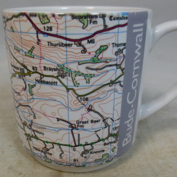 Ordnance Survey Map of Bude Cornwall Porcelain Mug or Cup - Map of Bude Bay and Inland Based on Ordnance Survey Maps - Cornish souvenir