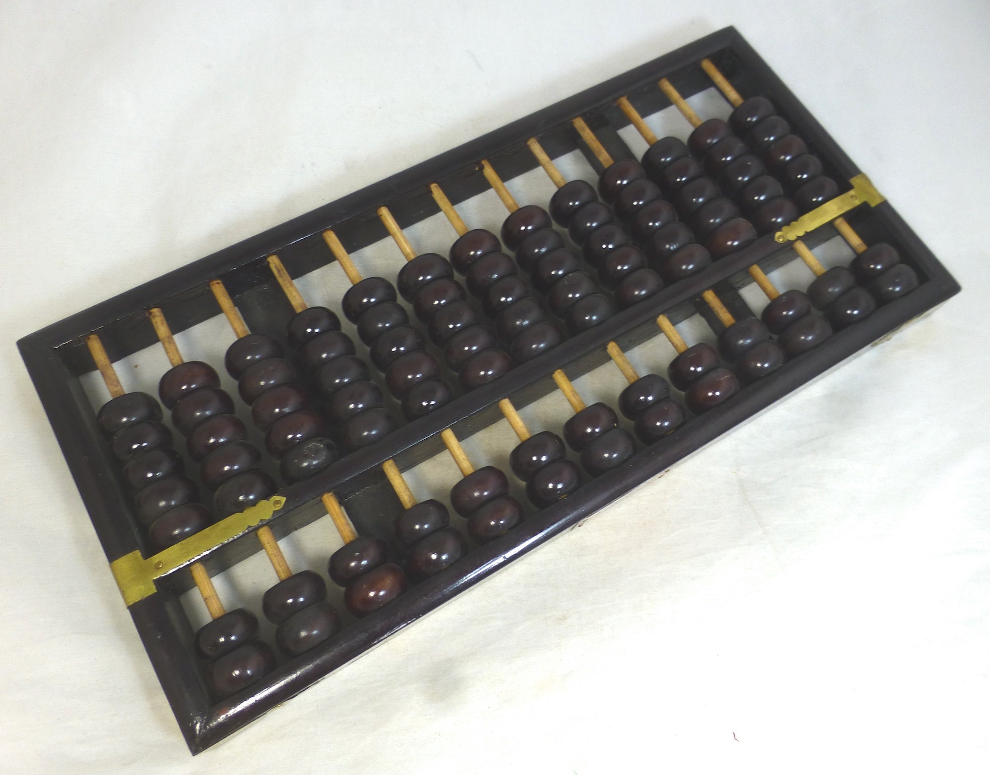Vintage Chinese Black Wood Abacus 13 Bamboo Rods 91 Carved Wooden Beads 15 in W - Brass Protectors - Peony Trademark - Asian Counting Frame
