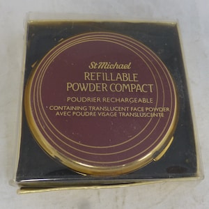 Espejo de maquillaje en polvo vintage St Michael, sin usar, recargable, en tono dorado y esmalte rojo, con estuche negro - Polvos translúcidos para el rostro