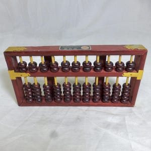 Vintage Chinese Small Wooden Abacus 11 Bamboo Rods 77 Carved Wood Beads 8.5in W with Brass Protectors – Lotus Flower - Asian Counting Frame