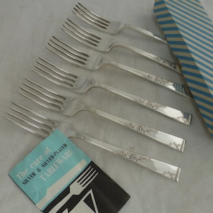 Vintage Boxed Set of 6 Smith Seymour Rose Garden Signed Silver Plated EP A1 20 cm Large Table Forks – Sheffield, England - Reg No is 898207