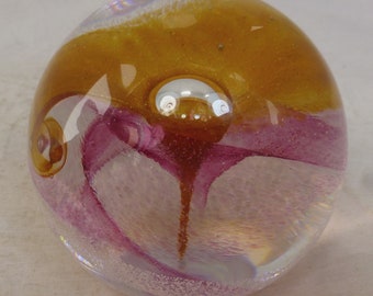 Vintage Large Caithness Calypso Handmade Signed Art Glass Pink, Gold & White Flower Paperweight - Acid Etched Base – Made in Scotland 1980s