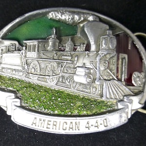 Vintage American 4-4-0 Steam Locomotive USA Metal and Enamel Belt Buckle - C & J Inc 3D Railroad - Serial No CJ 1440 - 1987 American Fashion