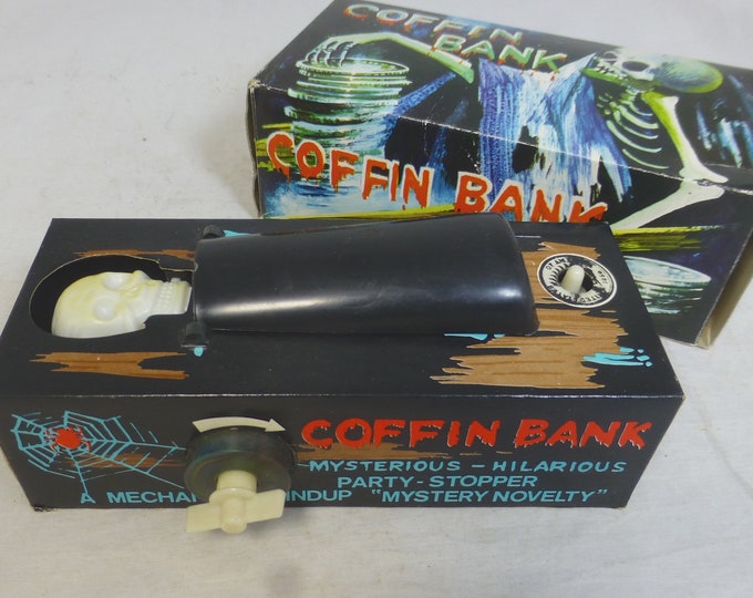 Vintage Rare Coffin Bank Money Box Toy Mechanical Wind up With Skeleton