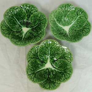 Vintage Set of 3 Secla Portuguese Green Cabbage Leaf Pottery Majolica Medium Bowls 5.5 in D - Hand Painted Cabbageware – Portugal - VGC