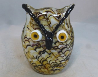 Vintage Amber Glass Owl Bird with Cased Swirling Brown Cream Yellow Glass Core - Hand Crafted Crystal Statue Paperweight 4.75 in - Owl Gift