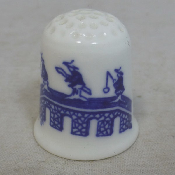 Coalport Willow Blue and White Signed Bone China Thimble – Chinese Scenes - Junk Boat and Fishermen on Bridge - VGC