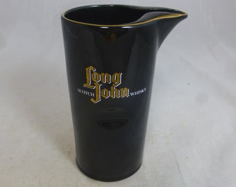 Vintage glossy black ceramic Long John Scotch Whisky Water 1 Pint Pub Bar Jug / Pitcher - Made for Scottish distilleries - Retro Barware
