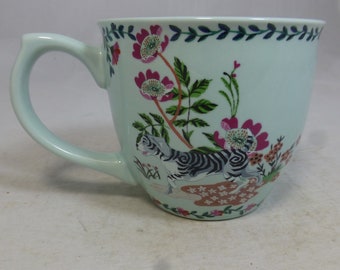 Large Cath Kidston Porcelain Curved Duck Egg Blue Mug Cup with a Colourful Whimsical Striped Dogs & Floral Design – English Iconic Designer