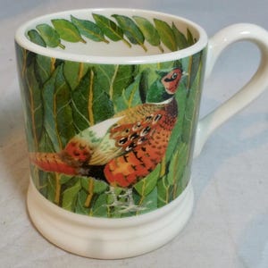 Puede incluir: Una taza de cerámica blanca con un diseño de faisán colorido. El exterior de la taza muestra una ilustración detallada del ave en medio de follaje verde. El asa y la base son blancas.