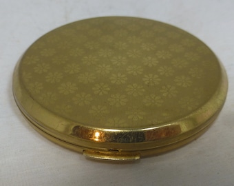 Stratton Vintage Gold Tone Floral Signed English Powder Compact / Make-up Mirror – Geometric Rows of Flower Design - Made in England