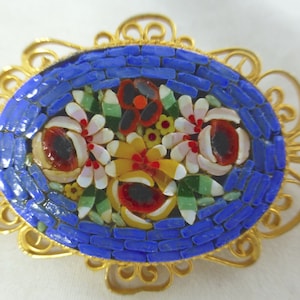 Vintage Beautiful Italian Micro Mosaic Oval Pin Brooch with Gold Tone Filagree Surround Blue & Colourful Floral Pattern Italy c 1930s image 3