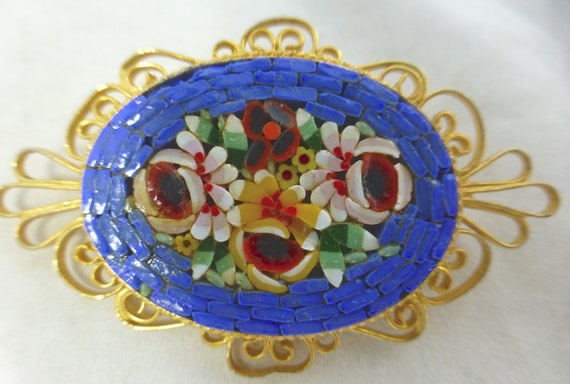 Vintage Beautiful Italian Micro Mosaic Oval Pin B… - image 3