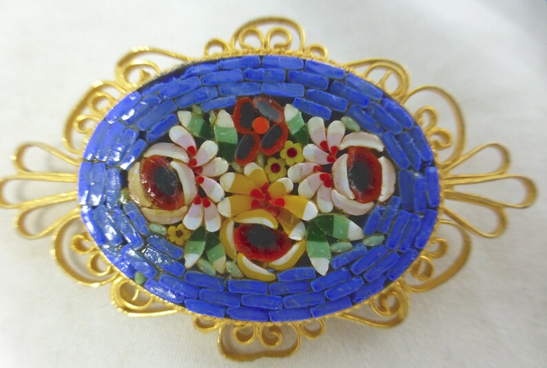 Vintage Beautiful Italian Micro Mosaic Oval Pin Brooch with Gold Tone Filagree Surround Blue & Colourful Floral Pattern Italy c 1930s image 3