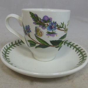 Vintage Portmeirion Botanic Garden Espresso Espresso-Tasse mit Untertasse Duo Floral Blue Ehrenpreis - Wappen ID - Kaffeetasse England