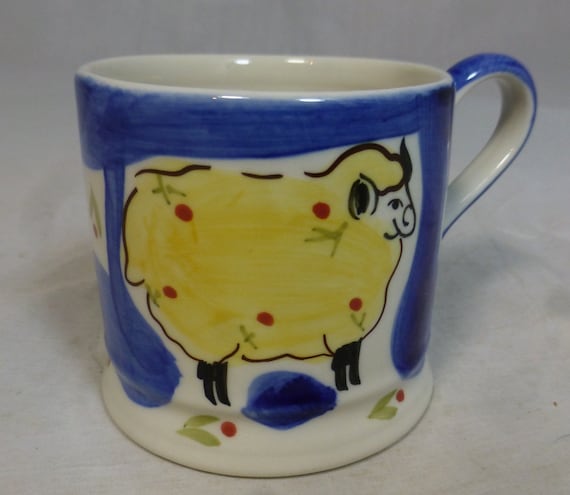 Vintage Sheep theme Studio Pottery Hand Painted Blue Glossy Porcelain Mug with Flower Motifs - Whittard of Chelsea - Unique Shabby Chic Cup