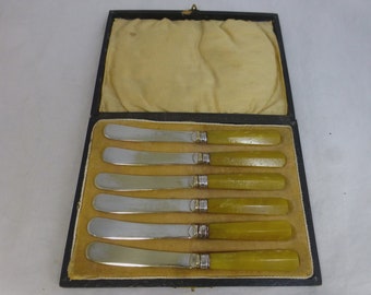 Art Deco Silver Plated Set of 6 Vintage Butter Tea Knives with Yellow Plastic Celluloid Handles – Boxed Set - 1930s EPNS Silverware Flatware
