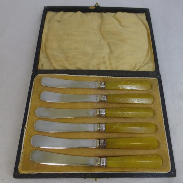 Art Deco Silver Plated Set of 6 Vintage Butter Tea Knives with Yellow Plastic Celluloid Handles – Boxed Set - 1930s EPNS Silverware Flatware