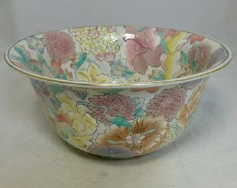 Chinese Hand-painted Floral Large Deep Ceremonial Statement Bowl – Cream Tin Glaze Pastel Flowers Gold Rim – Peony & Chrysanthemum 9.5 in D