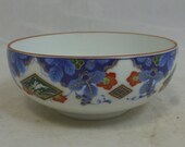 Stylish Vintage Japanese Imari Colours Glazed Porcelain Curved Bowl - Running Rabbit Foliage Design 4.75in D - Blue Red Gold White - Japan