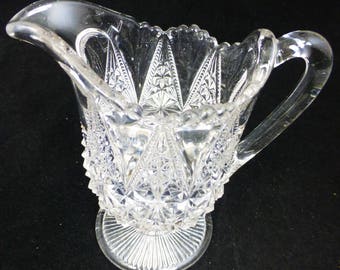 Pretty antique Victorian Pressed Glass Footed Milk Jug / Creamer / Pitcher - Diamond Point & Star Hobnail Pattern - English glass jug