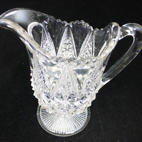 Pretty antique Victorian Pressed Glass Footed Milk Jug / Creamer / Pitcher - Diamond Point & Star Hobnail Pattern - English glass jug