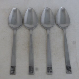 Vintage Viners International Senorita Stainless Steel Set of 4 Large Serving Spoons 7.75 inch - Signed, Scroll Design, Square Handle - Korea