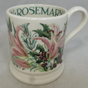 Emma Bridgewater Flowers Half Pint Mug with Hand Decorated Floral Design with Lily, Bay, Holly and Rosemary - Made in Stoke on Trent England