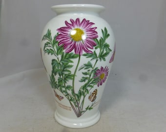 Jarrón grande Cantón con crisantemo rosa vintage del Jardín Botánico de Portmeirion, 21,8 cm de alto - Crisantemo coccineum - Sello de identificación con escudo