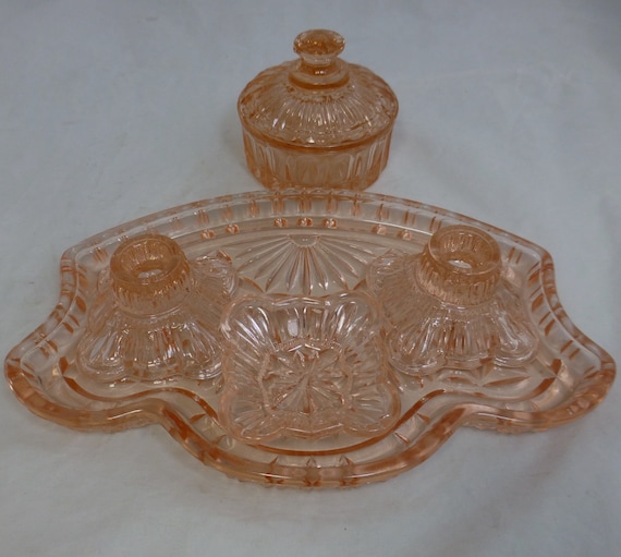 Depression Pink Peach Vintage Pressed Glass Dressing Table Vanity