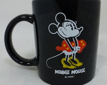 Minnie Mouse Disney Vintage Ceramic black gloss glazed Mug - Minnie in Red and Yellow Polka Dot dress -  Vintage Disney gift