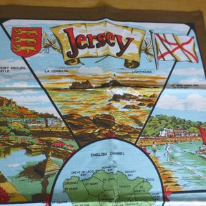 Jersey Souvenir Vintage Cotton Tea Towel / Kitchen Towel by Causeway – Jersey Souvenir Tea Towel with Map, Beauty Spots and Tourist Sites