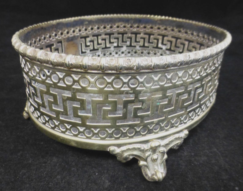 Antique Large Oval Silver Plated Pierced Bottle Holder \u2013 Galleried Wine Bottle Coaster \u2013 blank Cartouche \u2013 Vintage Barware Wine /& Champagne