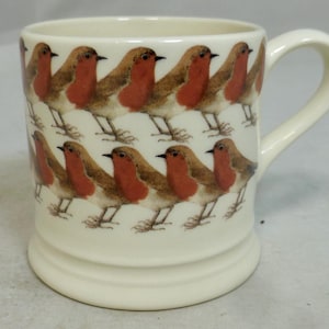 Pequena caneca Emma Bridgewater Robin Birds Birds Birds 2,25 pol. H - Robin de esponja decorada à mão - mapa da Inglaterra, carimbo de ostra - Inglaterra
