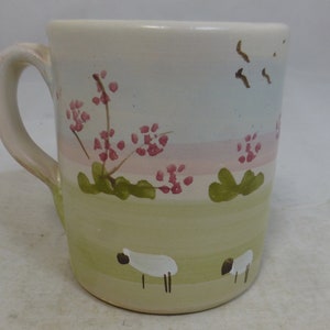 Hand Painted Sheep Theme Studio Pottery Stoneware Mug with Sheep in Field with Pink Blossom Trees - Sheep lover gift