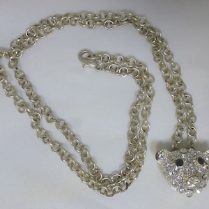 Wild Cat Big Cat Pavé Crystal with Black Glass eyes Silver Tone Pendant with 24 inch Large Link Silver Chain – Diamante Cat