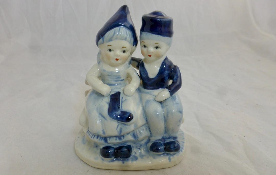 Vintage Dutch Delft White & Blue Boy Girl on Bench Figurine 5.25 in H ...