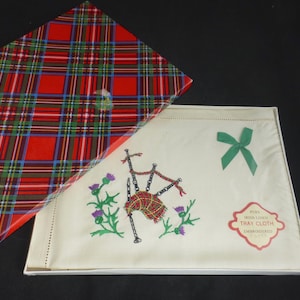 Vintage Irish Linen Tray Cloth with Hand Embroidered Scottish Bagpipes & Thistle Motif – Boxed in Original Packaging – Handmade Table Linen