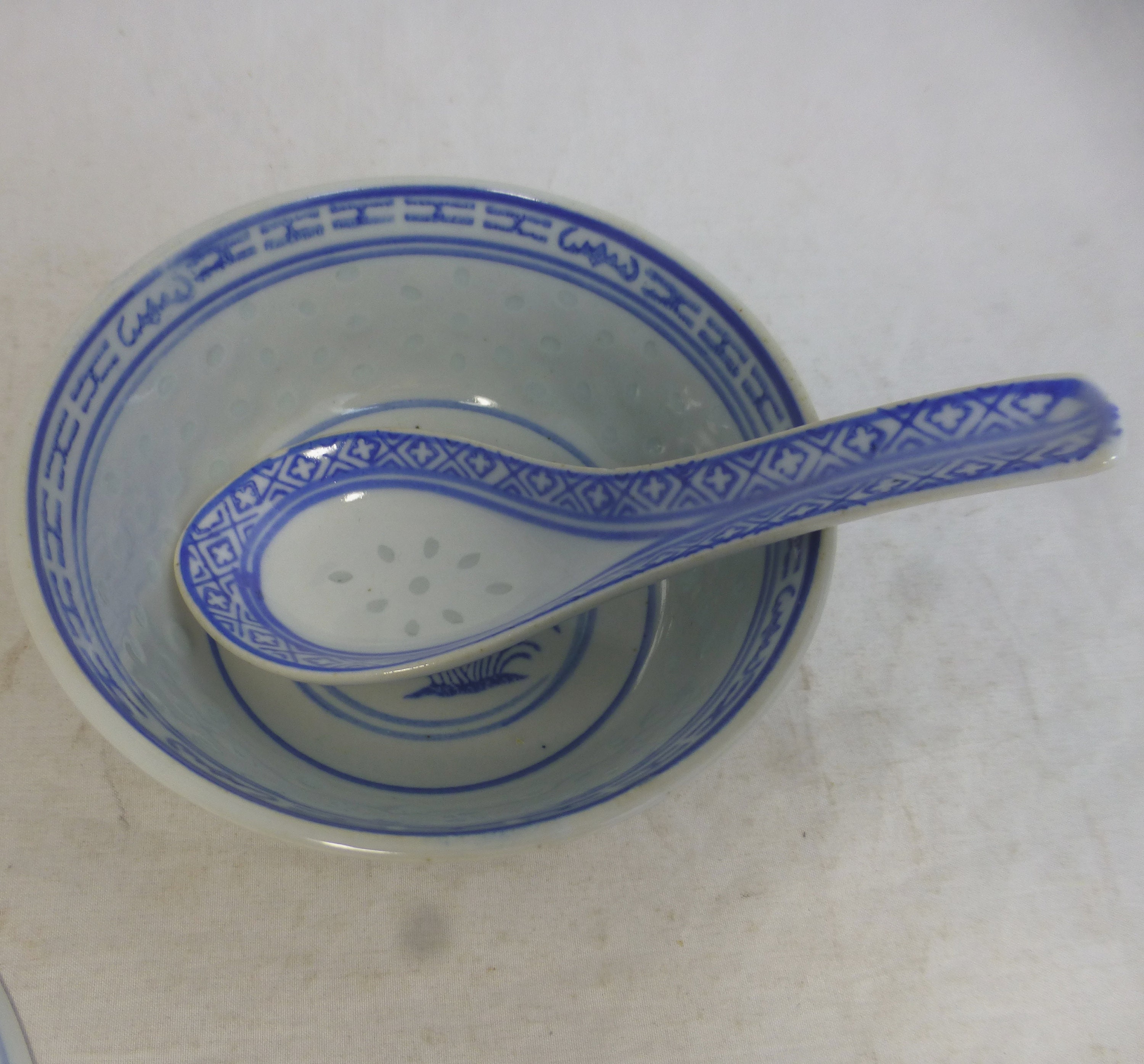 Rice Grain Wan Yu Dragon Tea Cups Set vintage Tienshan blue white red gold VERY RARE