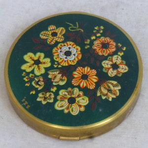 Vintage Gold Ton Blume grün glänzende Emaille Puderdose / Make-up Spiegel - Loses oder festes Pulver - Florales Kosmetikzubehör