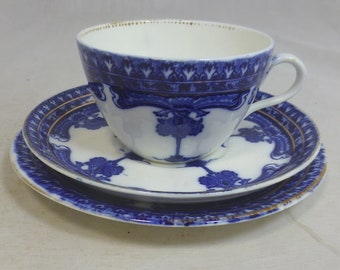 Antique Royal Stafford Cobalt Flow Blue & White Victorian China Tea Set Trio Cup Saucer and Side Plate - Gold Trim - Staffordshire England
