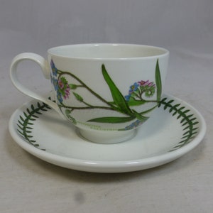 Vintage Portmeirion Botanischer Garten Frühstückstasse & Untertasse Duo Vergissmeinnicht Myosotis Palustris - Crest ID - Romantische traditionelle Tasse mit Fuß