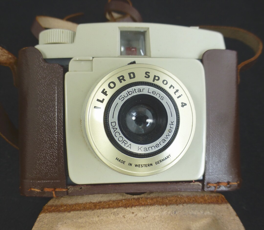 Ilford Sporti 4 White Model Vintage Camera in Brown Leather Case