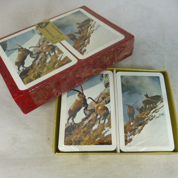 Vintage Rare Swiss AG Müller & Cie Boxed Double Twin Deck Playing Card Set - Wild Goats in Snowy Alps 2 Packs - Switzerland - Unopened BNIB