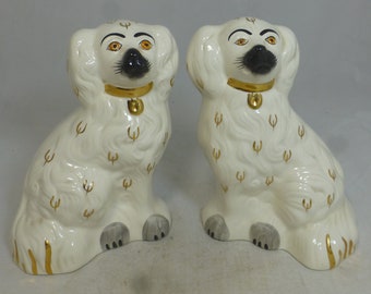Beswick English Pair of X Large 8 in H Porcelain White & Black Mantle Dogs / Wally Dog Figurines - King Charles Spaniels - 1378-5 - England